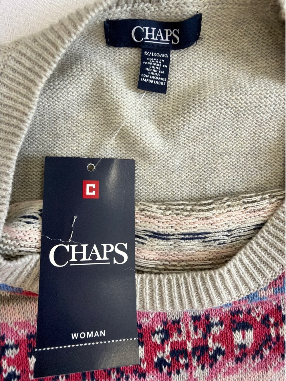 Chaps Women’s Fair Isle Multicolor Cotton Blend Crew Neck Sweater size 1X NWT - Picture 6 of 7